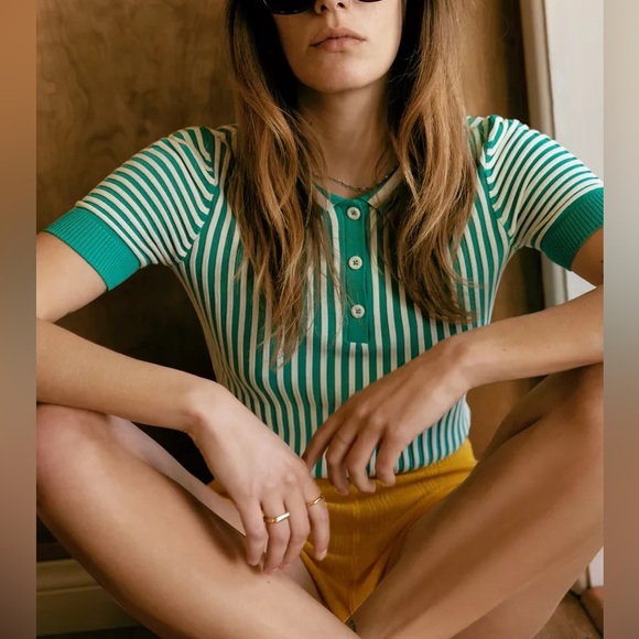 Cider Tops - NWT Cider Stripe Knit Slim Green and White Polo Ribbed Crop Top Size Medium